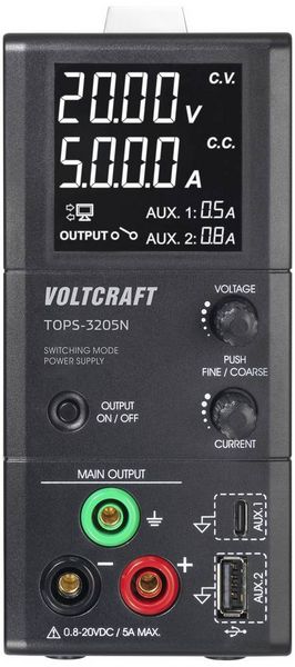 Produktbild: VOLTCRAFT TOPS-3205N Labornetzger&auml;t, einstellbar 0.8 - 20 V/DC 0.1 - 5 A 100 W l&uuml;fterlos Anzahl Ausg&auml;nge 3 x