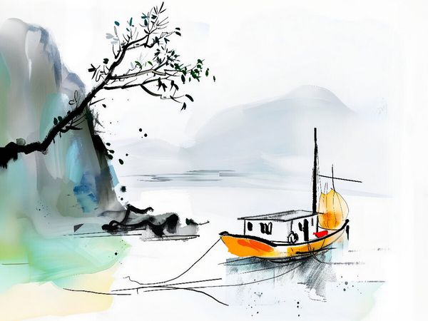 Produktbild: CALVENDO Puzzle Chinesische Dschunke am Ufer eines Sees. Tuschemalerei | 1000 Teile Lege-Gr&ouml;&szlig;e 64x48cm Foto-Puzzle f&uuml;r gl&uuml;ckliche Stunden