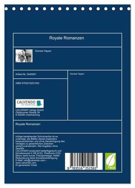 Produktbild: Royale Romanzen (Tischkalender 2026 DIN A5 hoch), CALVENDO Monatskalender