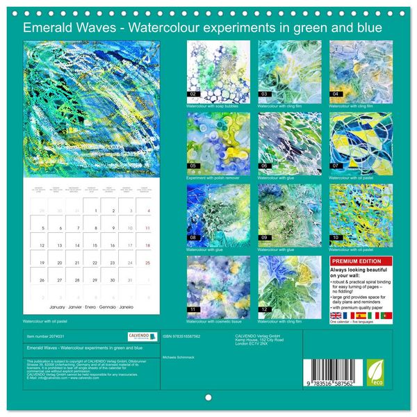 Produktbild: Emerald Waves - Watercolour experiments in green and blue (Wall Calendar 2026 12 &times; 12 Inch) CALVENDO 12 Month Wall Calendar
