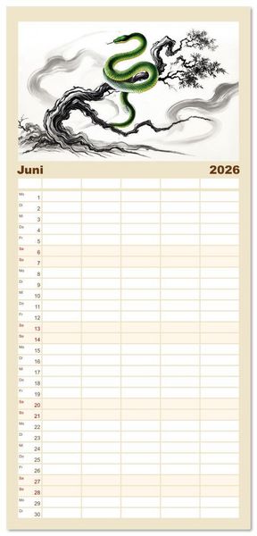 Produktbild: Familienplaner 2026 - Chinesische Tierkreiszeichen - Kunstvolle KI-Tuschemalerei des Ostens mit 5 Spalten (Wandkalender, 21 x 45 cm) CALVENDO