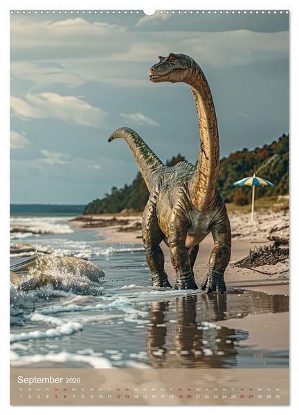 Produktbild: Dinos unterwegs: Urzeitriesen erkunden unsere Welt (Wandkalender 2026 DIN A2 hoch), CALVENDO Monatskalender