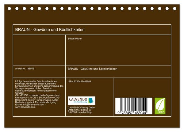 Produktbild: BRAUN - Gew&uuml;rze und K&ouml;stlichkeiten (Tischkalender 2026 DIN A5 quer), CALVENDO Monatskalender