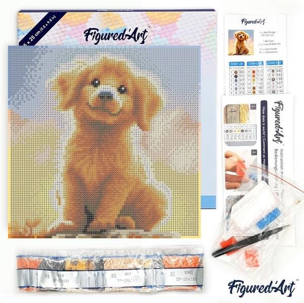 Produktbild: FiguredArt DP-SFA185-Y - Mini Diamond Painting, S&uuml;&szlig;er Golden Retriever Welpe, Leinwand-Keilrahmen (25x25cm), DIY Bastelset