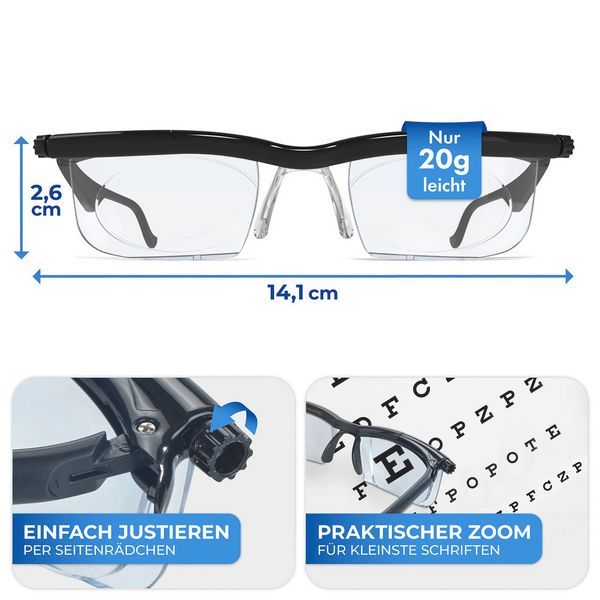 Produktbild: Seeplus Zoom Lesebrille, schwarz, einstellbar von +0,5 bis +4 Dioptrien