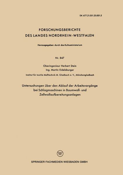 Produktbild: Untersuchungen &uuml;ber den Ablauf der Arbeitsvorg&auml;nge bei Schlagmaschinen in Baumwoll- und Zellwollaufbereitungsanlagen