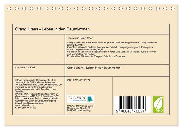 Produktbild: Orang Utans - Leben in den Baumkronen (Tischkalender 2026 DIN A5 quer), CALVENDO Monatskalender