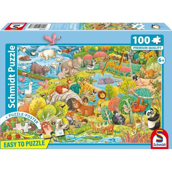 Schmidt 55778 - Tierisch wimmelig, Easy to Puzzle, Kinderpuzzle mit Poster, 100 Teile