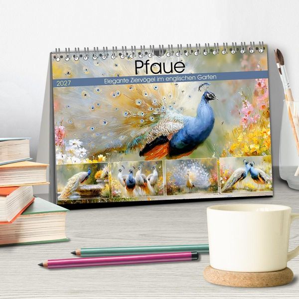 Produktbild: Pfaue. Elegante Zierv&ouml;gel im englischen Garten (Tischkalender 2027 DIN A5 quer), CALVENDO Monatskalender