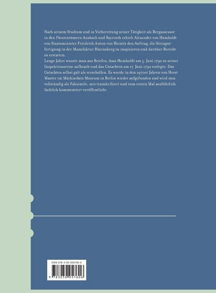 Produktbild: Alexander von Humboldt &ndash; Gutachten zur Steingutfertigung in Rheinsberg 1792
