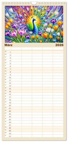 Produktbild: Familienplaner 2026 - Tanz der Pfauen - Jahreszeiten in abstrakter Eleganz mit 5 Spalten (Wandkalender, 21 x 45 cm) CALVENDO