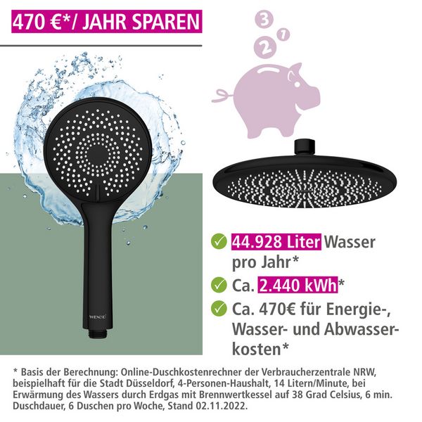 Produktbild: Duschsystem Watersaving Schwarz, bis zu 40 % Wasserersparnis