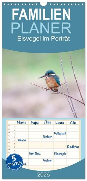 Produktbild: Familienplaner 2026 - Eisvogel im Portr&auml;t mit 5 Spalten (Wandkalender, 21 x 45 cm) CALVENDO