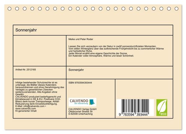 Produktbild: Sonnenjahr (Tischkalender 2027 DIN A5 quer), CALVENDO Monatskalender