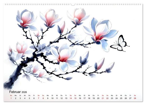 Produktbild: Bl&uuml;tentanz und Fl&uuml;gelschlag - Im Stile chinesischer Tuschmalerei (Wandkalender 2026 DIN A2 quer), CALVENDO Monatskalender