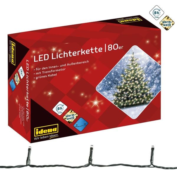 Idena Lichterkette 80 LED warmweiß 8h Timer 15,9m