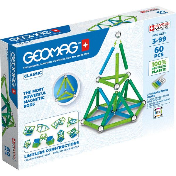 Produktbild: Invento 507035 - Geomag Classic Green Line Recycled 60 pcs, Magnetischer Baukasten, Magnetspielzeuge