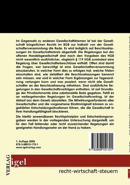 Produktbild: Die Gesellschafterversammlung bei der Gesellschaft b&uuml;rgerlichen Rechts und der offenen Handelsgesellschaft
