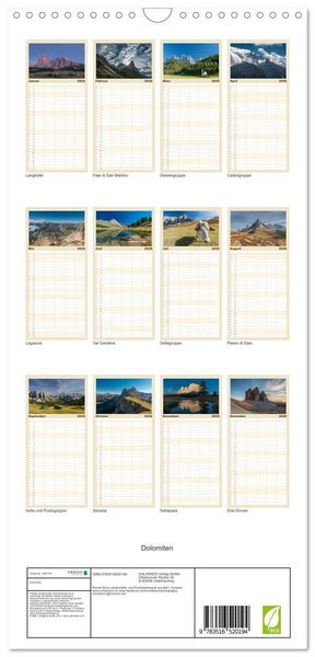 Produktbild: Familienplaner 2026 - Dolomiten mit 5 Spalten (Wandkalender, 21 x 45 cm) CALVENDO
