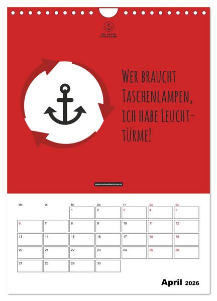 Produktbild: hafenprinzessin: Ankertr&auml;ume & Meer - Der moderne Zitate-Wandkalender f&uuml;r maritime Lebensmomente! (Wandkalender 2026 DIN A4 hoch), CALVENDO Monatskalender