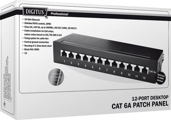 Produktbild: Digitus DN-91612SD-EA 12 Port Netzwerk-Patchbox CAT 6a 1 HE Schwarz (RAL 9005) Best&uuml;ckt