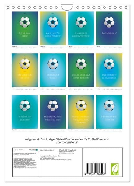 Produktbild: vollgeherzt: Der lustige Zitate-Wandkalender f&uuml;r Fu&szlig;ballfans und Sportbegeisterte! (Wandkalender 2026 DIN A4 hoch), CALVENDO Monatskalender