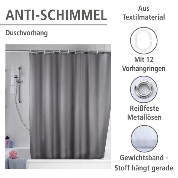 Produktbild: Anti-Schimmel Duschvorhang Uni Grey, Textil (Polyester), 180 x 200 cm, waschbar