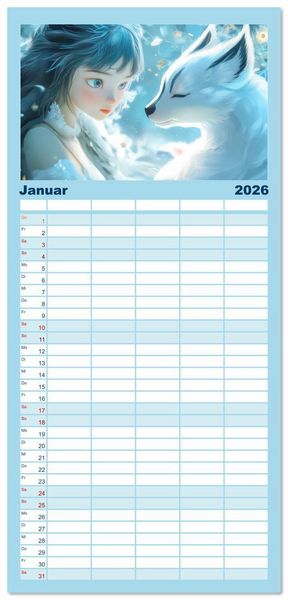 Produktbild: Familienplaner 2026 - Winterliche Fantasie Anim&eacute; mit 5 Spalten (Wandkalender, 21 x 45 cm) CALVENDO