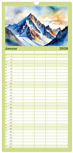 Produktbild: Familienplaner 2026 - Sehnsucht Berge mit 5 Spalten (Wandkalender, 21 x 45 cm) CALVENDO