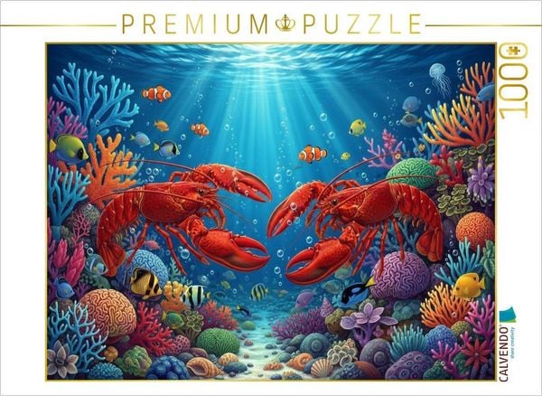 CALVENDO Puzzle Zwei Hummer zwischen bunten Korallen im Meer | 1000 Teile Lege-Größe 64x48cm Foto-Puzzle für glückliche Stunden