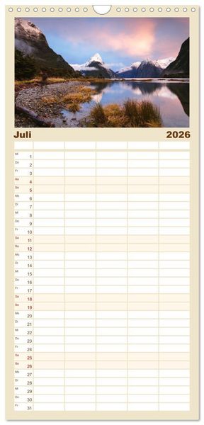 Produktbild: Familienplaner 2026 - Neuseeland - Traumlandschaften aus einem Naturparadies mit 5 Spalten (Wandkalender, 21 x 45 cm) CALVENDO