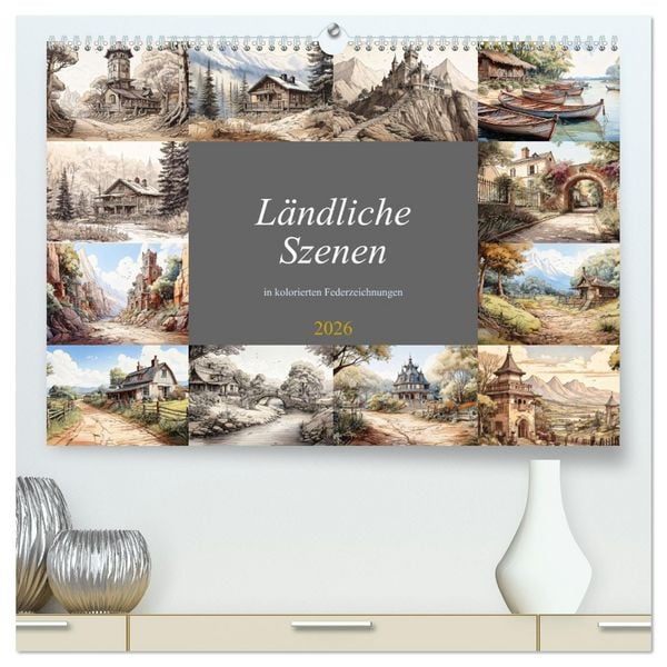 Produktbild: L&auml;ndliche Szenen in kolorierten Federzeichnungen (hochwertiger Premium Wandkalender 2026 DIN A2 quer), Kunstdruck in Hochglanz