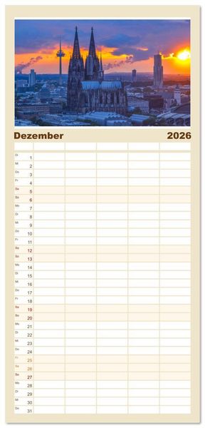 Produktbild: Familienplaner 2026 - Von K&ouml;lner D&auml;chern mit 5 Spalten (Wandkalender, 21 x 45 cm) CALVENDO