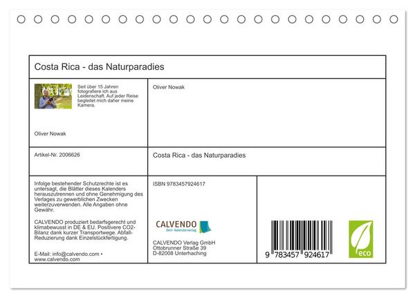 Produktbild: Costa Rica - das Naturparadies (Tischkalender 2026 DIN A5 quer), CALVENDO Monatskalender