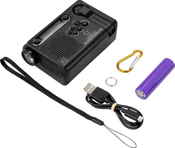 Renkforce RF-CR-200 Kofferradio UKW, MW, KW Notfallradio wiederaufladbar, Solarpanel, Handkurbel, Weckfunktion, Taschenlampe Schwarz