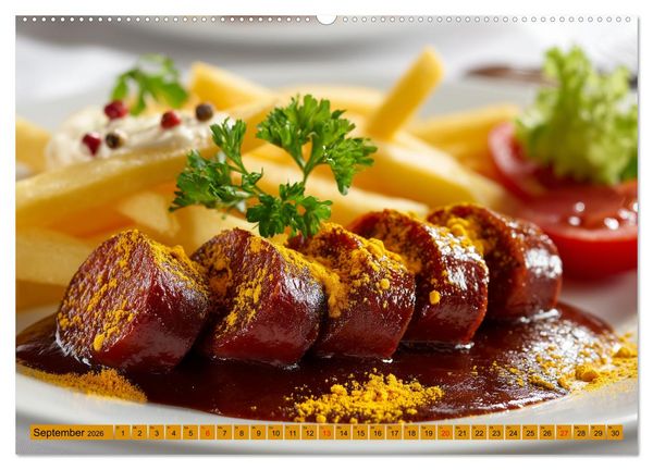 Produktbild: Currywurst Kalender - Das Berliner Kultgericht f&uuml;r Fleischliebhaber (hochwertiger Premium Wandkalender 2026 DIN A2 quer), Kunstdruck in Hochglanz