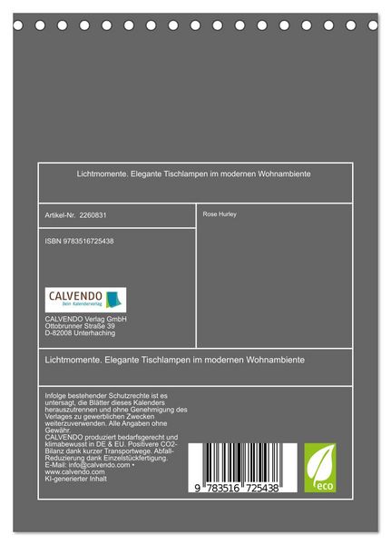 Produktbild: Lichtmomente. Elegante Tischlampen im modernen Wohnambiente (Tischkalender 2026 DIN A5 hoch), CALVENDO Monatskalender
