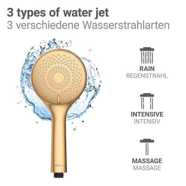 Produktbild: Duschkopf Gold matt, Universal-Handbrause, &Oslash; 11 cm, 3 Strahlarten