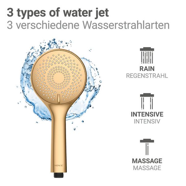 Produktbild: Duschkopf Watersaving Gold matt, Universal-Handbrause, &Oslash; 11 cm, 3 Strahlarten