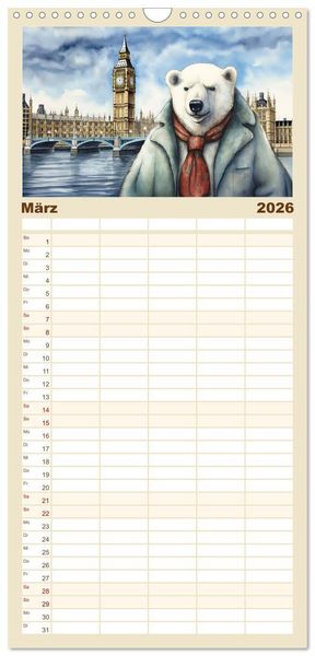 Produktbild: Familienplaner 2026 - Eisb&auml;r Eik auf Europareise mit 5 Spalten (Wandkalender, 21 x 45 cm) CALVENDO