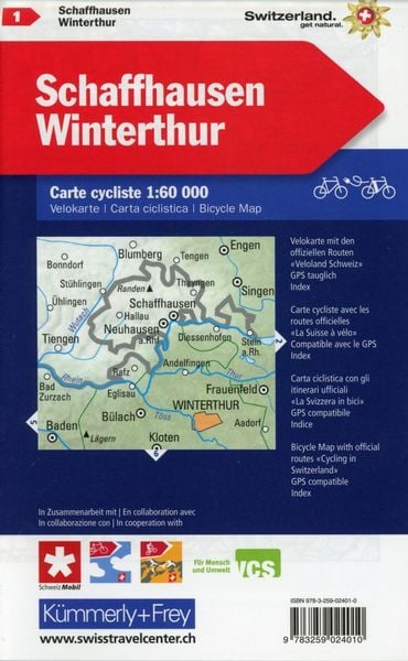 Produktbild: K&uuml;mmerly+Frey Velokarte 1 Schaffhausen, Winterthur 1:60.000