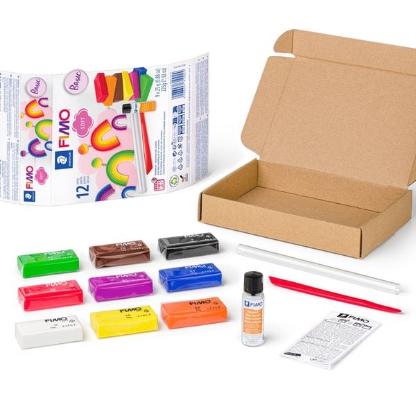 Produktbild: STAEDTLER FIMO soft 8023, ofenhärtende Modelliermasse Basic Set, 9 Halbblöcken 25 g, Glanzlack + Modellierwerkzeug