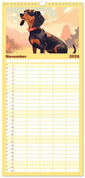 Produktbild: Familienplaner 2026 - Dackel mit 5 Spalten (Wandkalender, 21 x 45 cm) CALVENDO