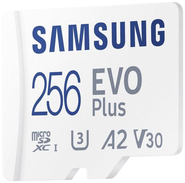 Samsung EVO Plus SDXC-Karte 256 GB Class 10, Class 10 UHS-I, UHS-I, v30 Video Speed Class A2-Leistungsstandard, inkl. SD-Adapter, stoßsicher
