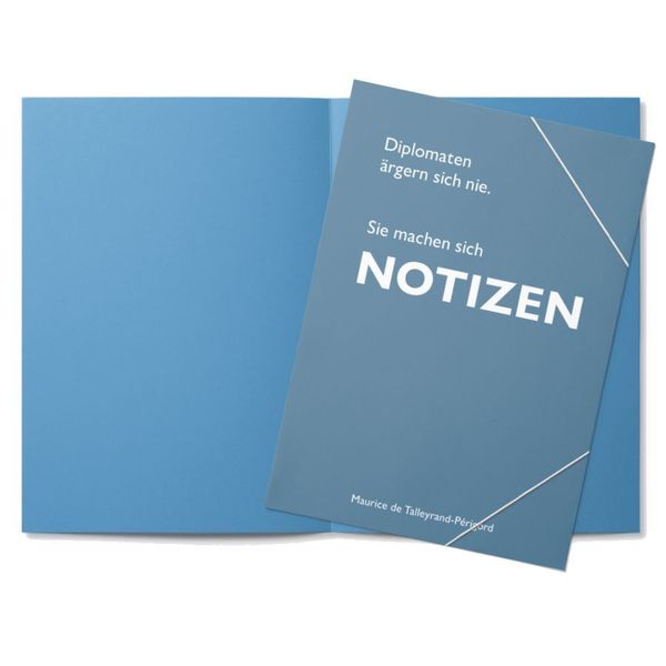 Produktbild: Sammelmappe A4 blau, "Diplomaten &auml;rgern sich nie. Sie machen sich Notizen." (Maurice de Talleyrand-P&eacute;rigord)