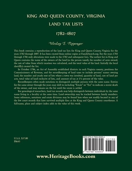 Produktbild: King and Queen County, Virginia Land Tax Lists, 1782-1807