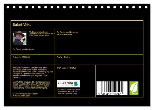 Produktbild: Safari Afrika (Tischkalender 2026 DIN A5 quer), CALVENDO Monatskalender