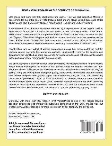 Produktbild: Royal Enfield 1948-1962 Bullet 350cc & 500cc Pre-Unit Workshop Manual Including Clipper -Trials & Airflow Variants (uk Redditch)