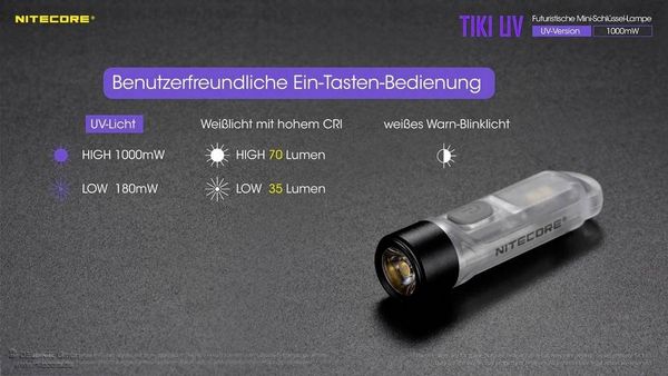 Produktbild: NiteCore TIKI UV NC-TIKIUV LED, UV-LED Taschenlampe akkubetrieben 70lm 12g