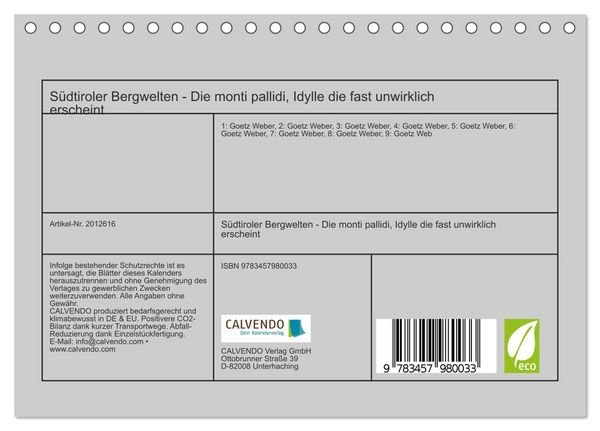 Produktbild: S&uuml;dtiroler Bergwelten - Die monti pallidi, Idylle die fast unwirklich erscheint (Tischkalender 2026 DIN A5 quer), CALVENDO Monatskalender